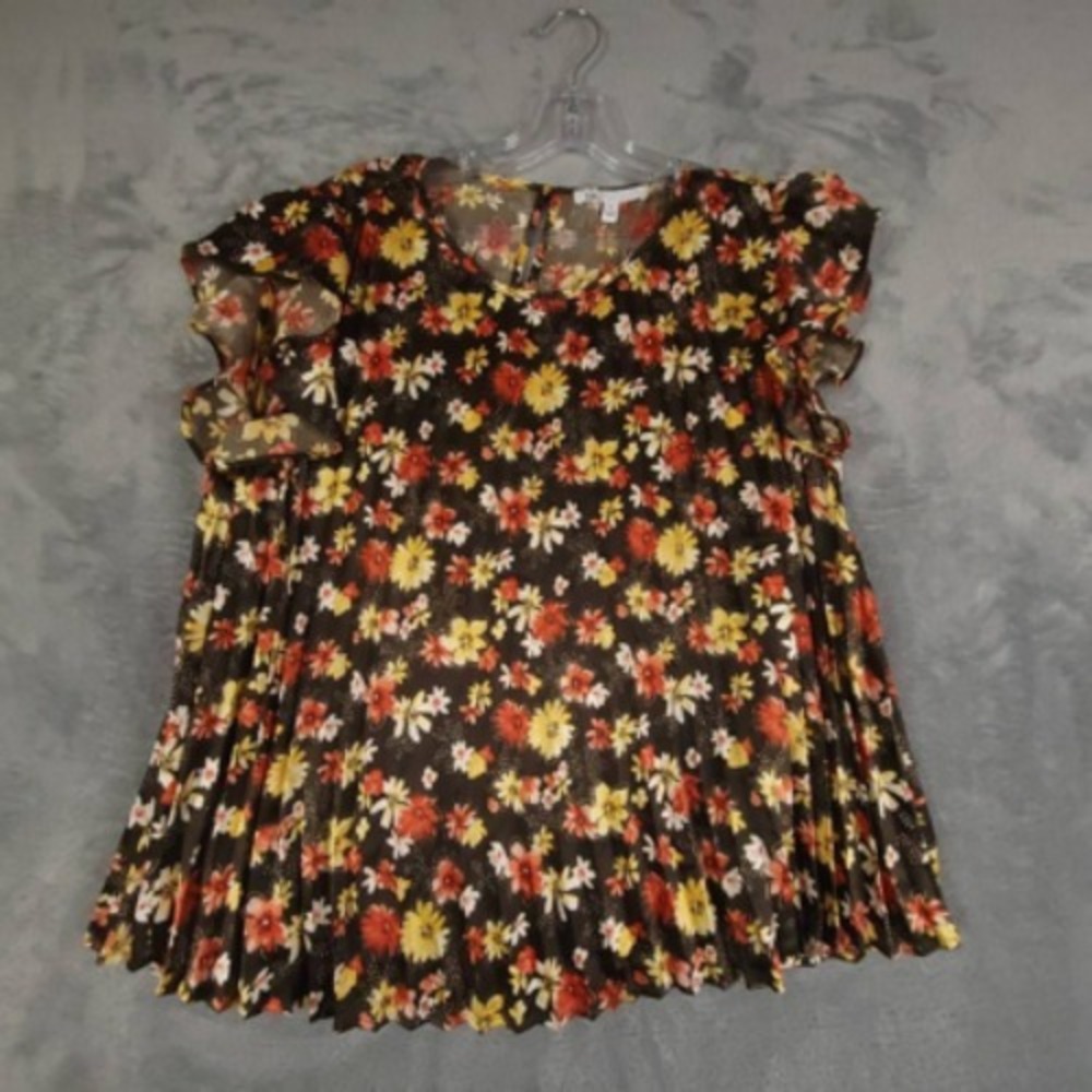 DR2 Shirt Womens Blouse Brown Floral Short Sleeve Flutter Keyhole Pleated S New
